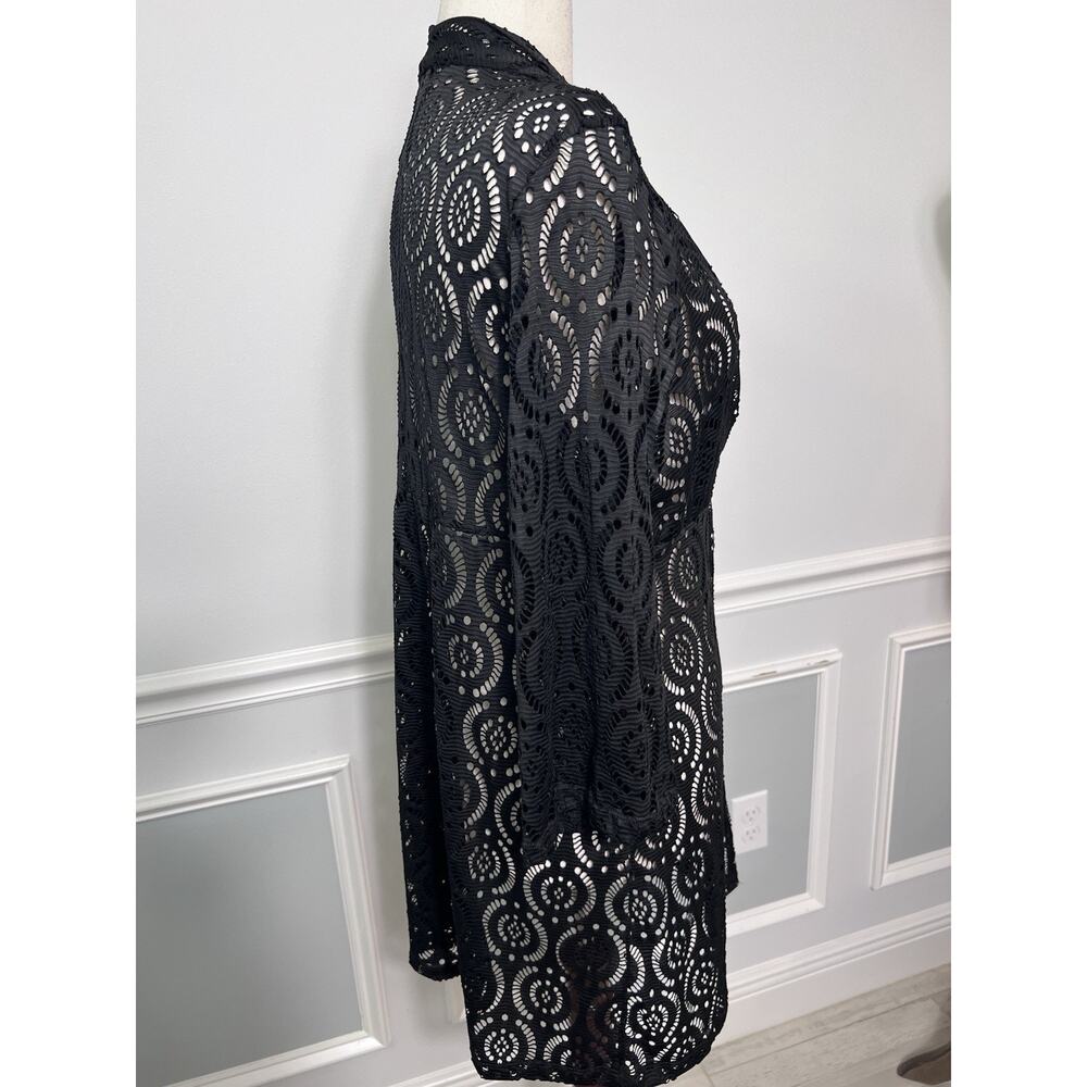 CATALINA (XL) Black Open Lace Swimsuit Beach-Pool-Cover Up-Tie-Knit Kimono-Sheer - Picture 9 of 16